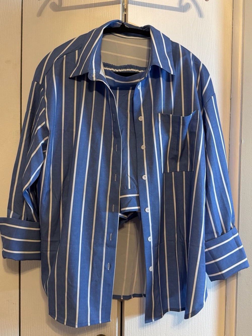 Blue and White Vertical Stripe Button-Up Shirt and shorts set for summer
